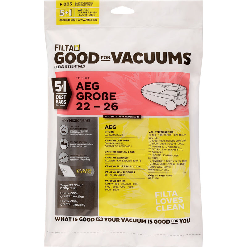 FILTA Vacuum Bags to suit AEG GROBE 22-26 - 5 PACK (F005)