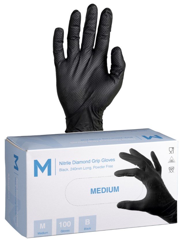 Matthews Diamond Grip Black Nitrile Gloves, Powder Free, 240mm Cuff, 9.0grm