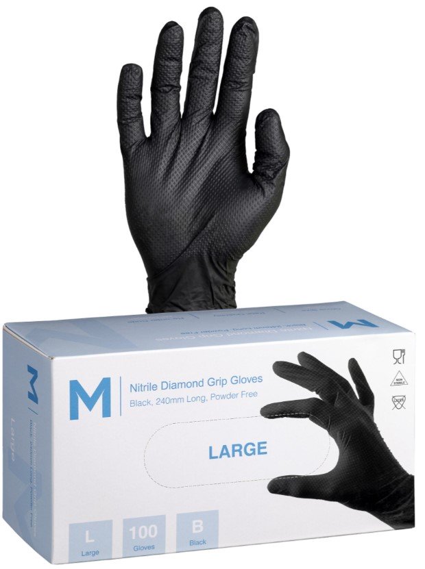 Matthews Diamond Grip Black Nitrile Gloves, Powder Free, 240mm Cuff, 9.0grm