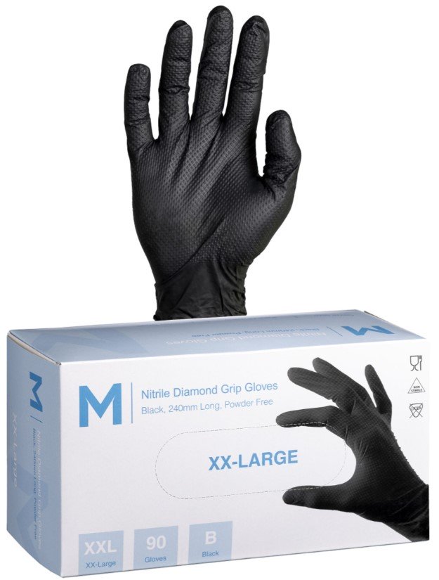 Matthews Diamond Grip Black Nitrile Gloves, Powder Free, 240mm Cuff, 9.0grm