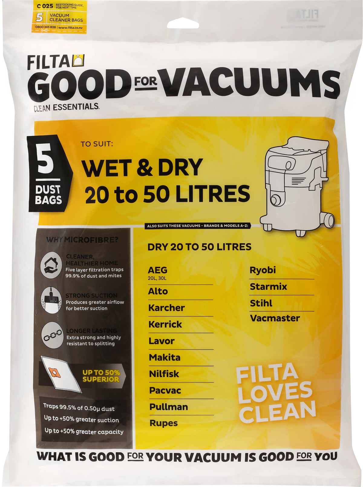 FILTA Vacuum Bags to suit Wet & Dry 50LT - 5 PACK (C025)