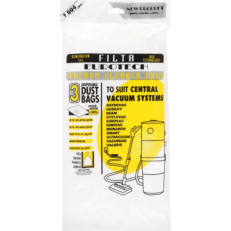 FILTA Vacuum Bags to suit CENTRAL VAC SYSTEMS SMART, BEAM - 3 PACK (F004)