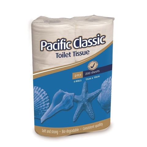 Pacific Hygiene Classic 2 Ply Toilet Roll - 200 sheets/roll, 6 rolls/pack x 8 packs/case