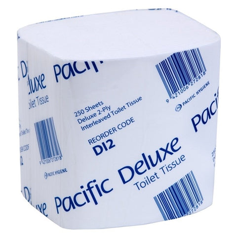 Pacific Hygiene Deluxe 2 Ply Interleaved Toilet Tissue - 250 sheets/pack, 36 packs/case