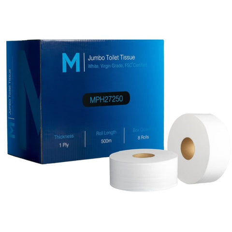 Matthews Packaging 1 Ply Jumbo Toilet Roll - 500m/roll, 8 rolls/case FSC
