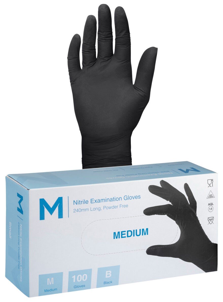 Matthews Black Nitrile Gloves, Powder Free, 240mm Cuff, 7.0grm