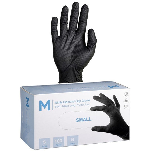 Matthews Diamond Grip Black Nitrile Gloves, Powder Free, 240mm Cuff, 9.0grm