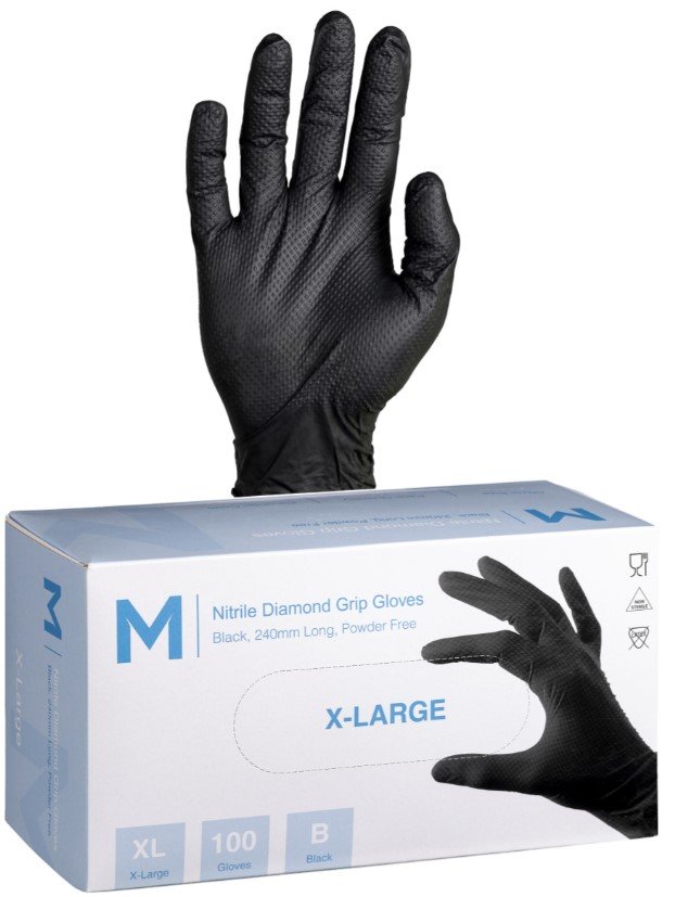 Matthews Diamond Grip Black Nitrile Gloves, Powder Free, 240mm Cuff, 9.0grm