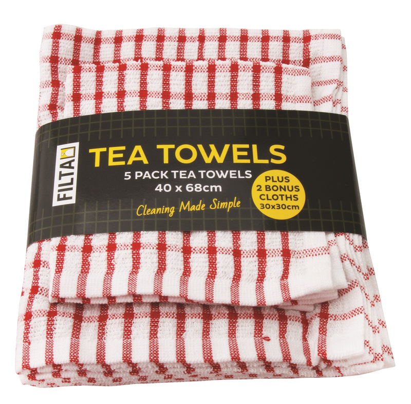 FILTA Cotton Tea Towels and Dish Cloths Pack (Red, Black, Green, or Blue) - Bulk Buy (6 Packs)